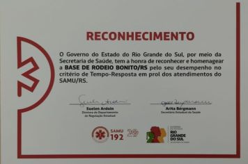 SAMU Rodeio Bonito está entre as seis unidades reconhecidas no critério tempo-resposta no Rio Grande do Sul