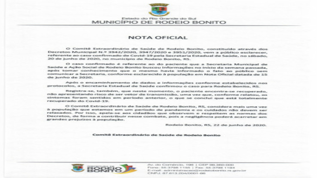 NOTA OFICIAL REFERENTE CASO COVID-19 CONFIRMADO