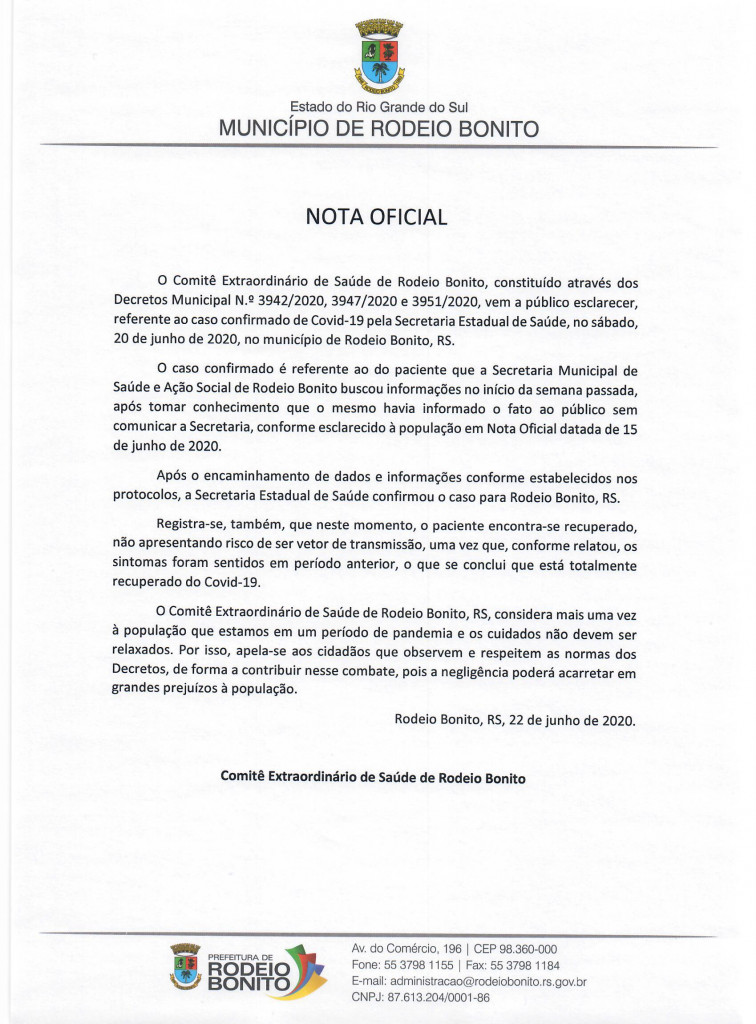 NOTA OFICIAL REFERENTE CASO COVID-19 CONFIRMADO